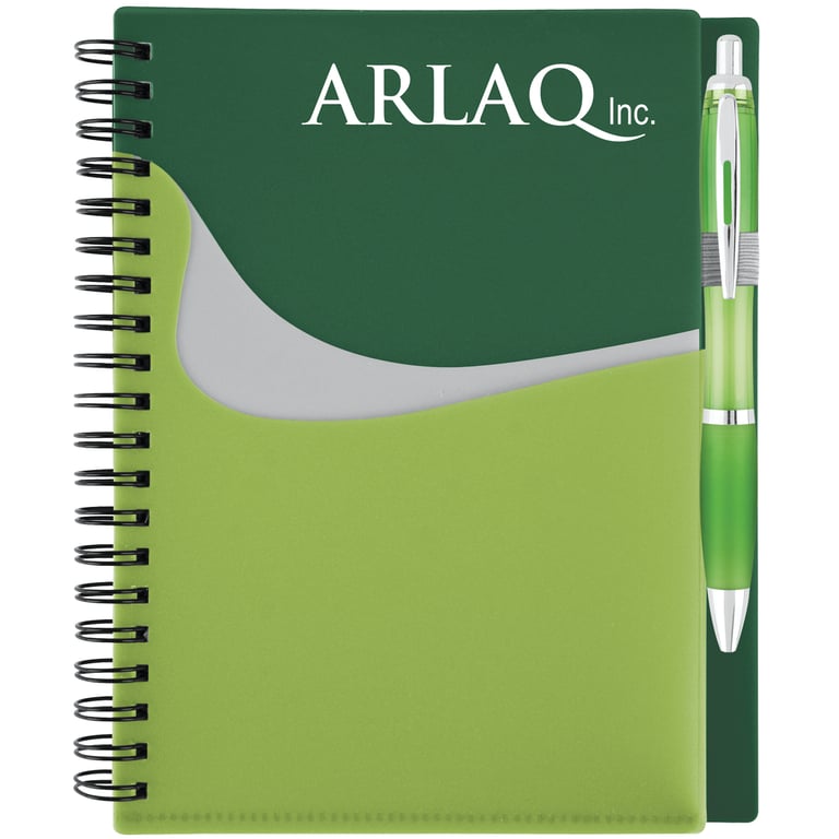 Spiral bound notebook with pocket and logo on cover